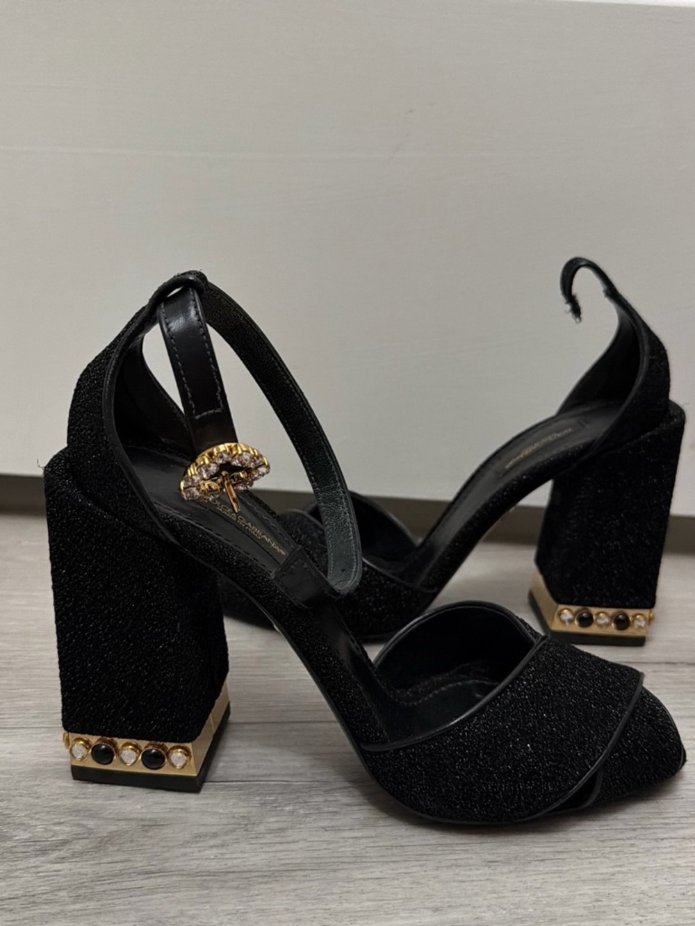 Dolce & Gabbana Black Glitter Crisscross Ankle Strap Block Heels - Picture 2 of 5